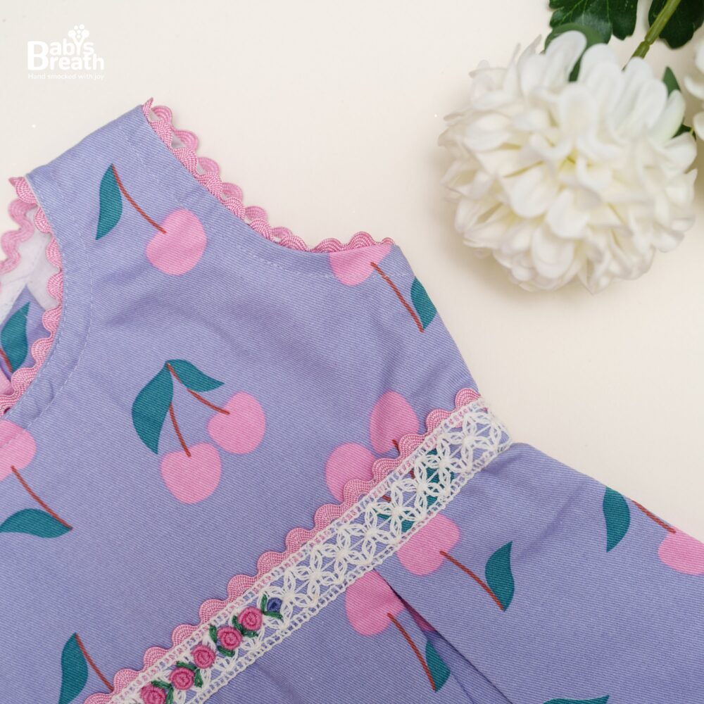 Lavender cherries embroidered box pleats dress - Image 3